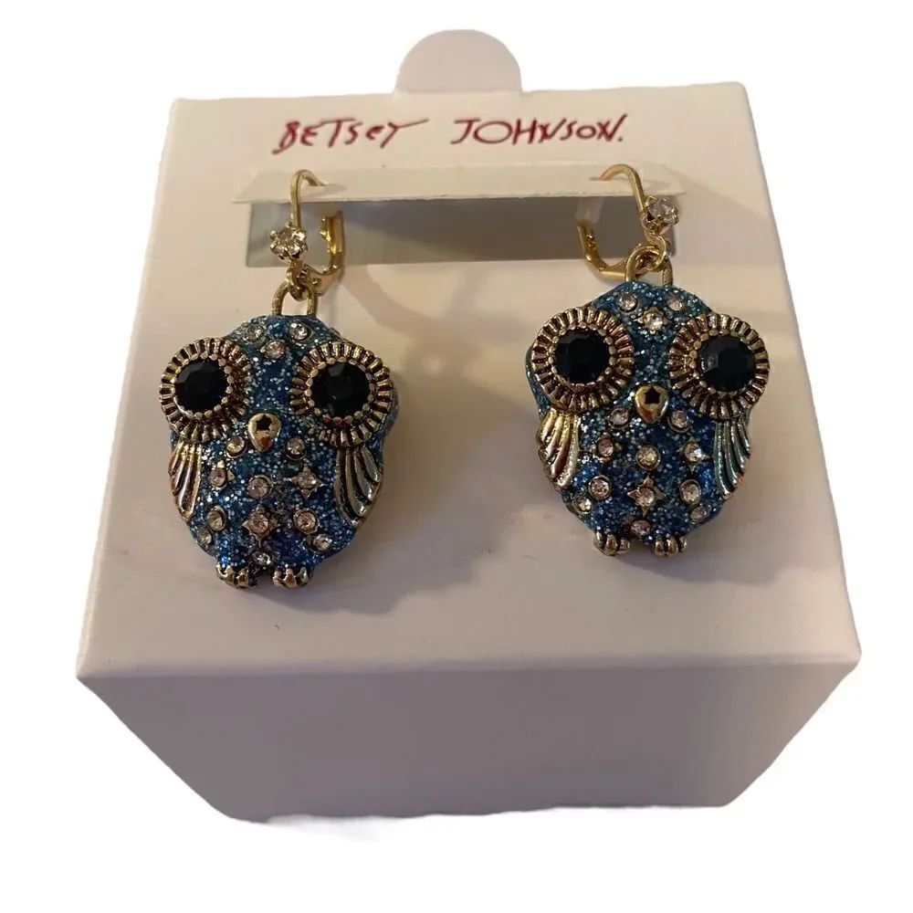Betsey Johnson Sparkly Blue Pave Crystal & Antiqued Gold Toned Owl Leverbacks